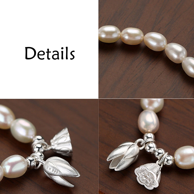 999 Sterling Silver Lotus Flower Pod Natural Pearl Healing Bracelet