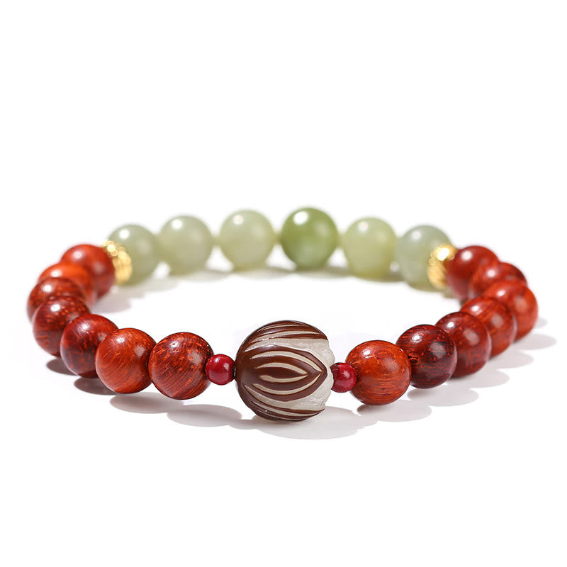 Natural Rosewood Cyan Jade Bodhi Seed Lotus Warmth Calm Bracelet