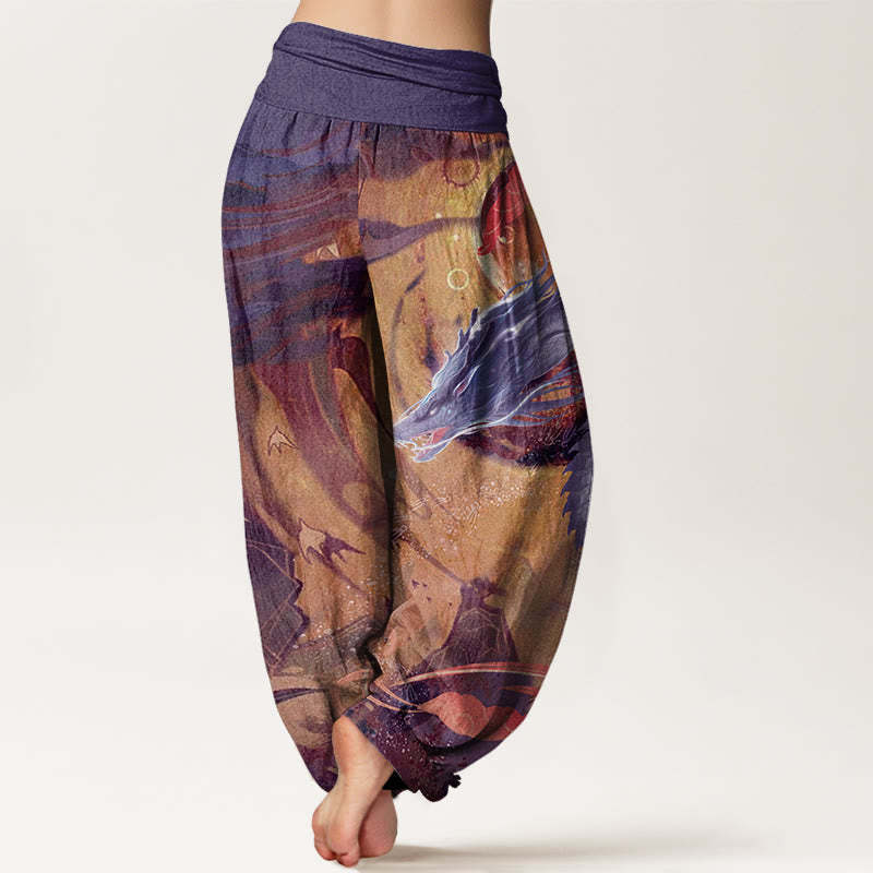 Dragon Auspicious Clouds Pattern Women's Elastic Waist Harem Pants