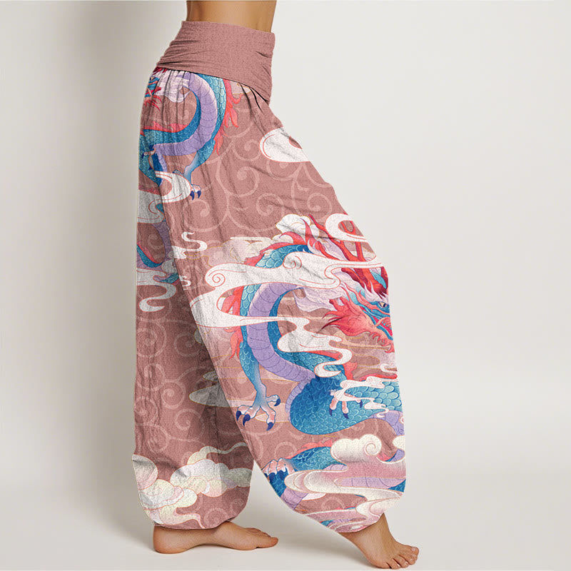 Vibrant Dragon White Auspicious Clouds Women's Elastic Waist Harem Pants