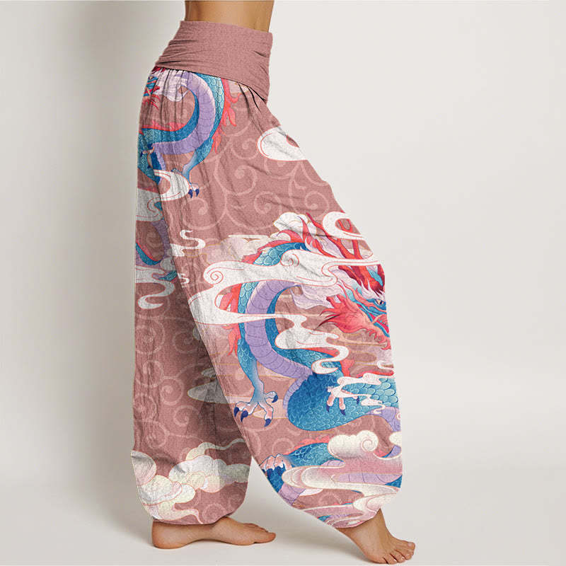 Vibrant Dragon White Auspicious Clouds Women's Elastic Waist Harem Pants