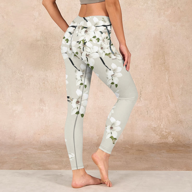 White Magnolia Flower Print Sports Fitness Leggings Women's Yoga Pants