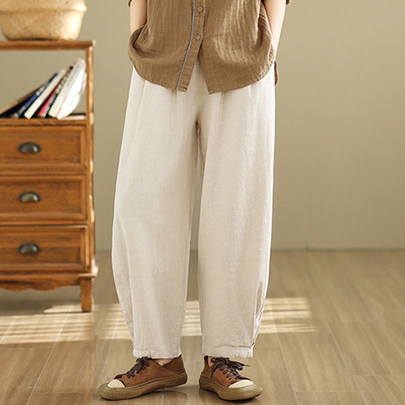 Casual Solid Color Tapered Elastic Waistband Cotton Linen Women's Pants With Pockets