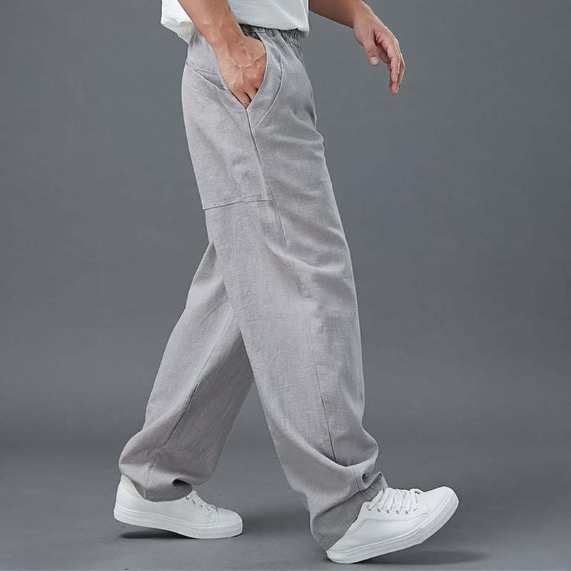 Plain Color Elastic Waist Ramie Linen Men's Pants With Pockets