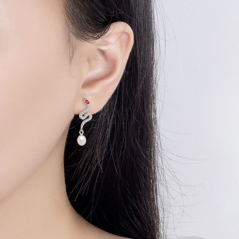 925 Sterling Silver Pearl Year Of The Snake Blessing Earrings