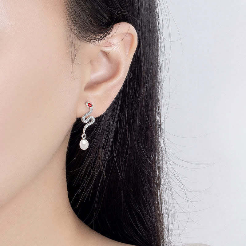 925 Sterling Silver Pearl Year Of The Snake Blessing Earrings