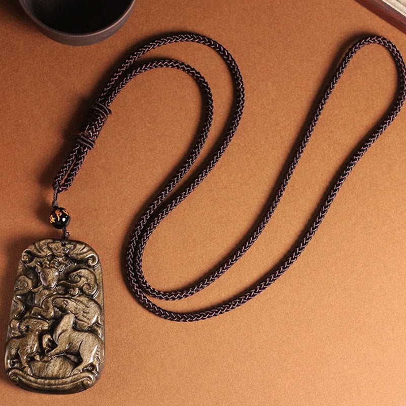 Gold Sheen Obsidian Three Goats Bring Good Luck Pattern Wealth Necklace Pendant