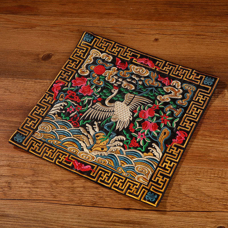 Crane Phoenix Dragon Kirin Embroidered Cup Mat Pad Tea Cup Coaster Square Kung Fu Tea Mat