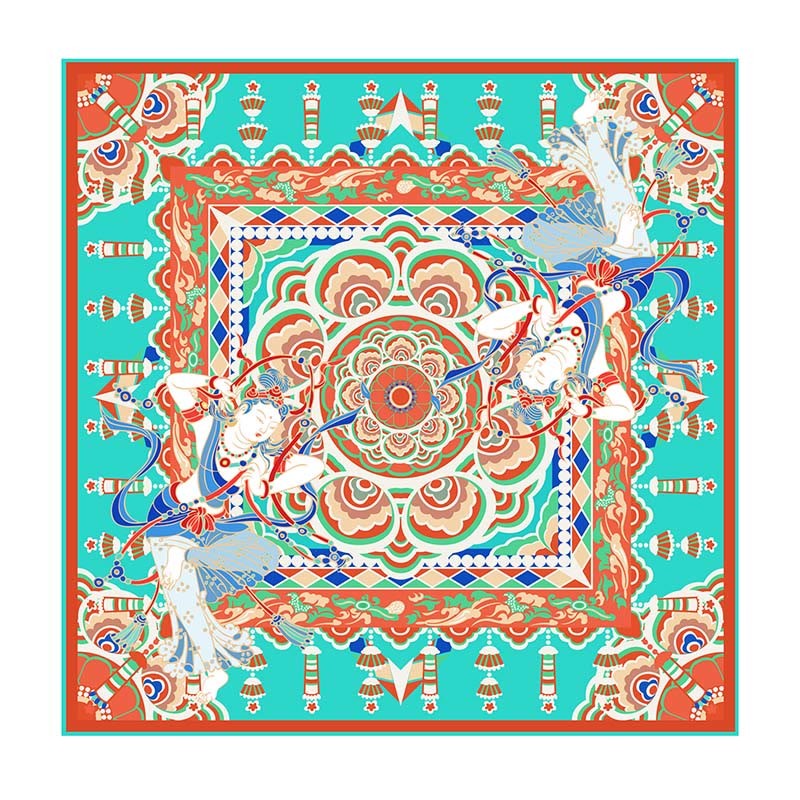 Dunhuang Musician Playing Frescoes 100% Mulberry Silk Scarf Premium Grade 6A Dunhuang Silk Shawl