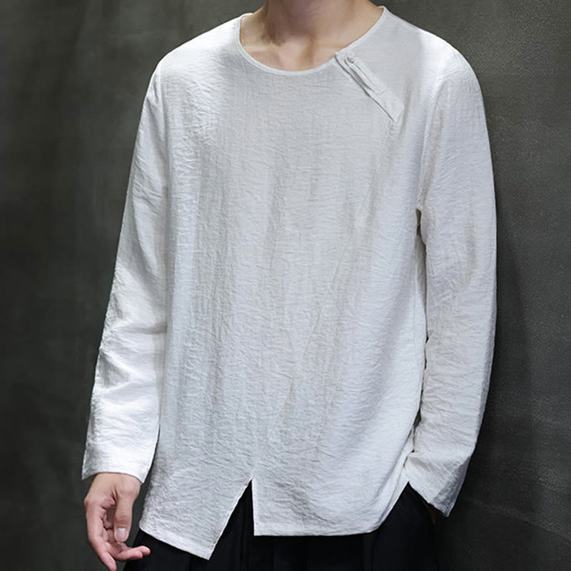 Solid Color Loose Long Sleeve Round Neck Cotton Men's Shirts