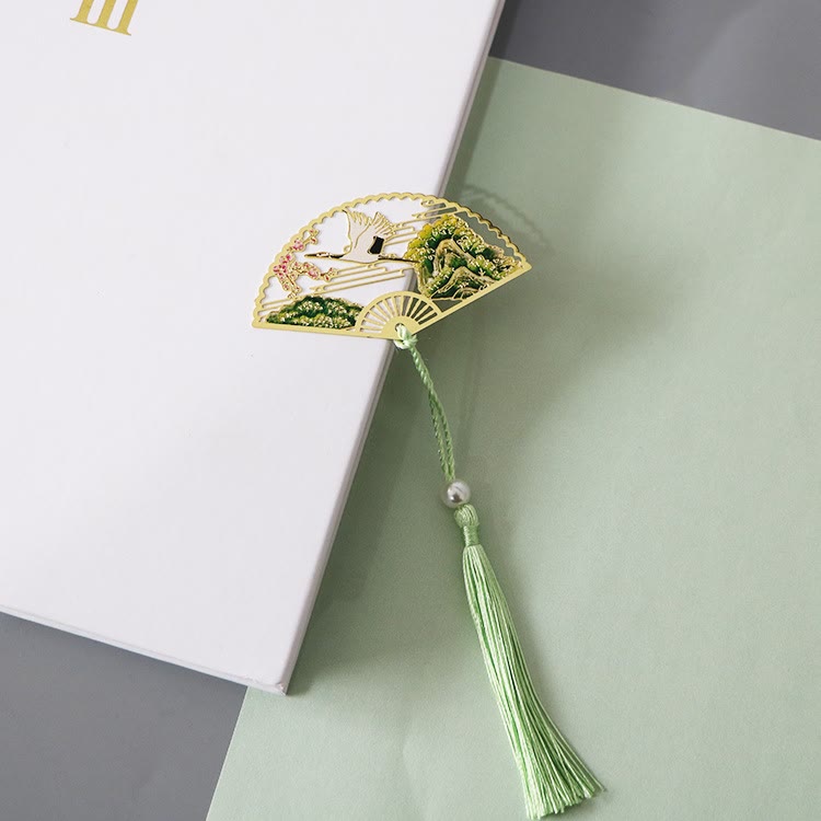Traditional Butterfly Lotus Flower Crane Dragon Phoenix Fox Koi Fish New Beginning Metal Brass Hollow Fan Bookmarks