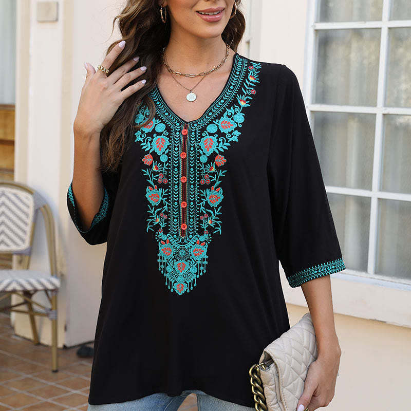 Summer Casual Embroidery Flower Leaf Half Sleeve V-neck Cotton Women's T-Shirt
