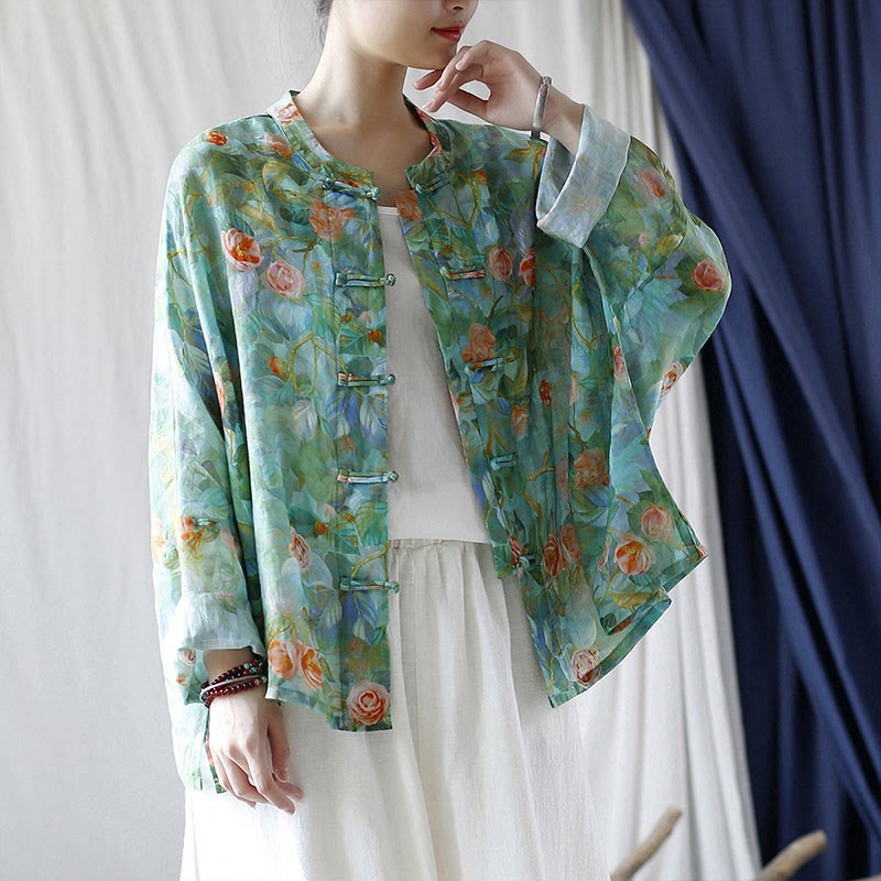Pink Flowers Green Leaves Print Frog-button Design Long Sleeve Ramie Linen Jacket Shirt