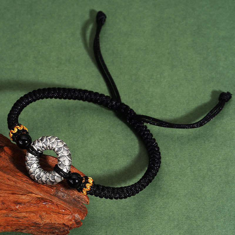 Handmade Black Onyx 999 Sterling Silver Peace Buckle Dragon Black String Luck Braided Bracelet