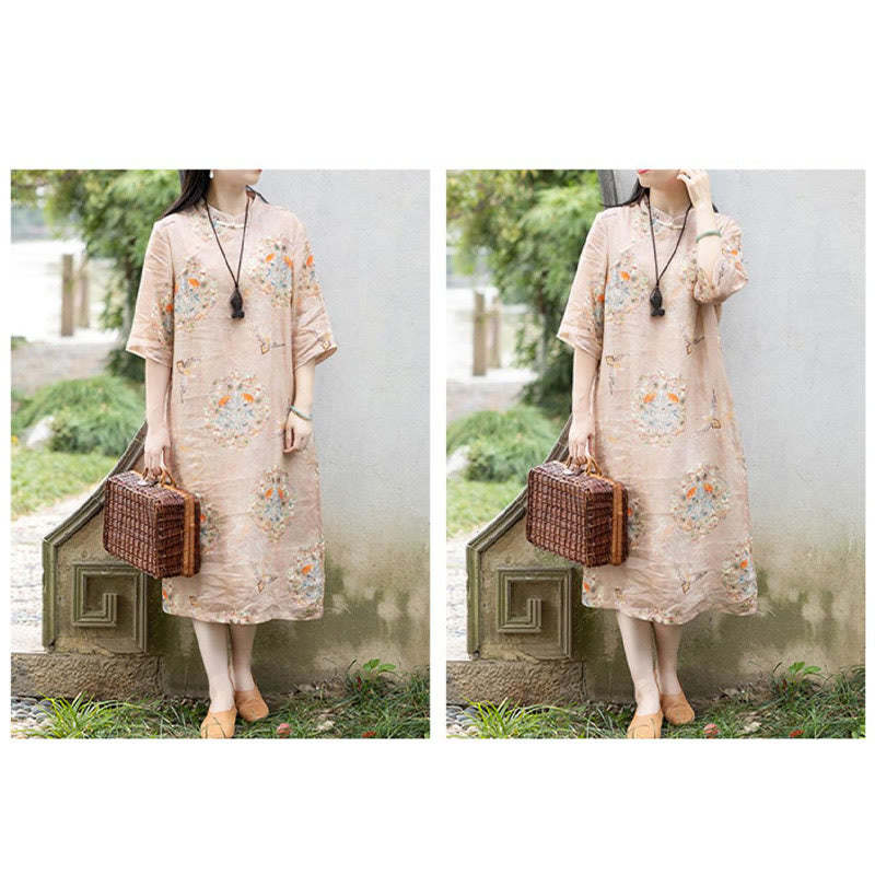 Orange Flower Bird Print Cheongsam Midi Dress Cotton Linen Half Sleeve Dress With Pockets