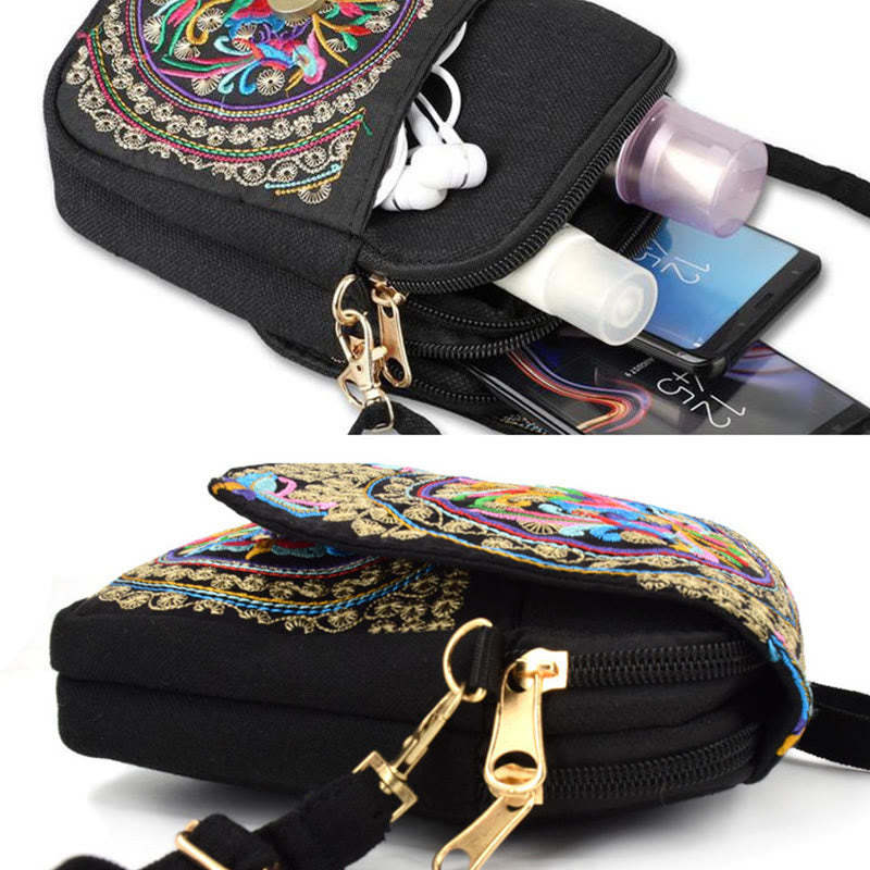 Inula Flower Peony Embroidery Canvas Shopping Purse Handbag Crossbody Bag