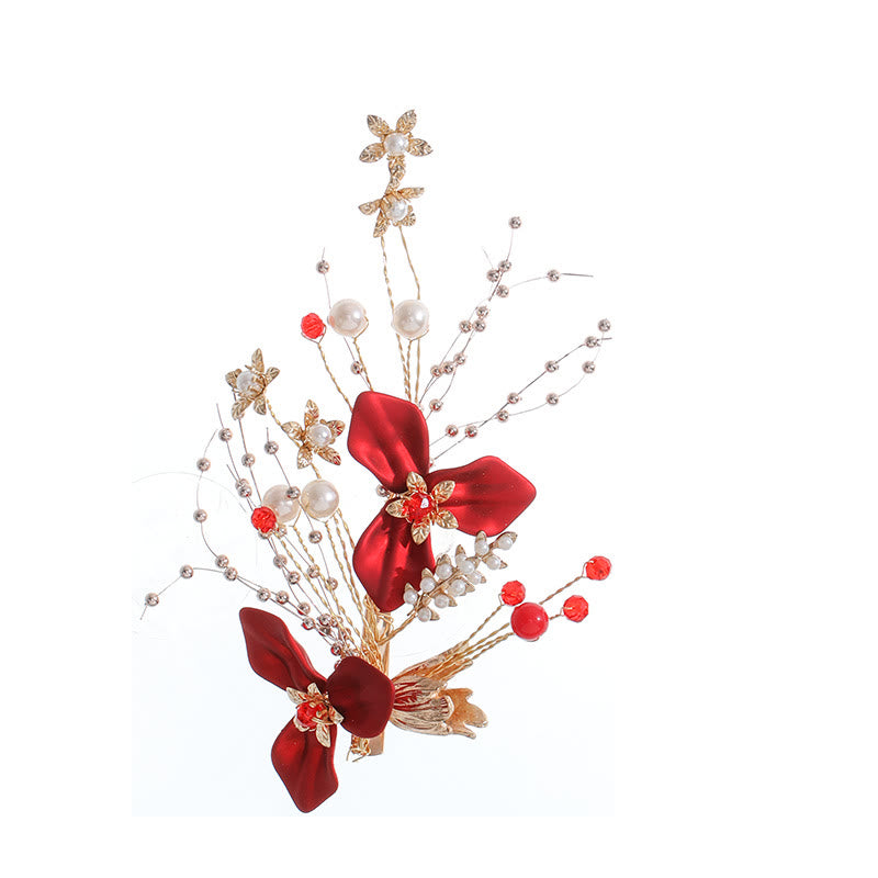 Chinese Wedding Bridal Red Flower Branche Pearl Hair Clip Set