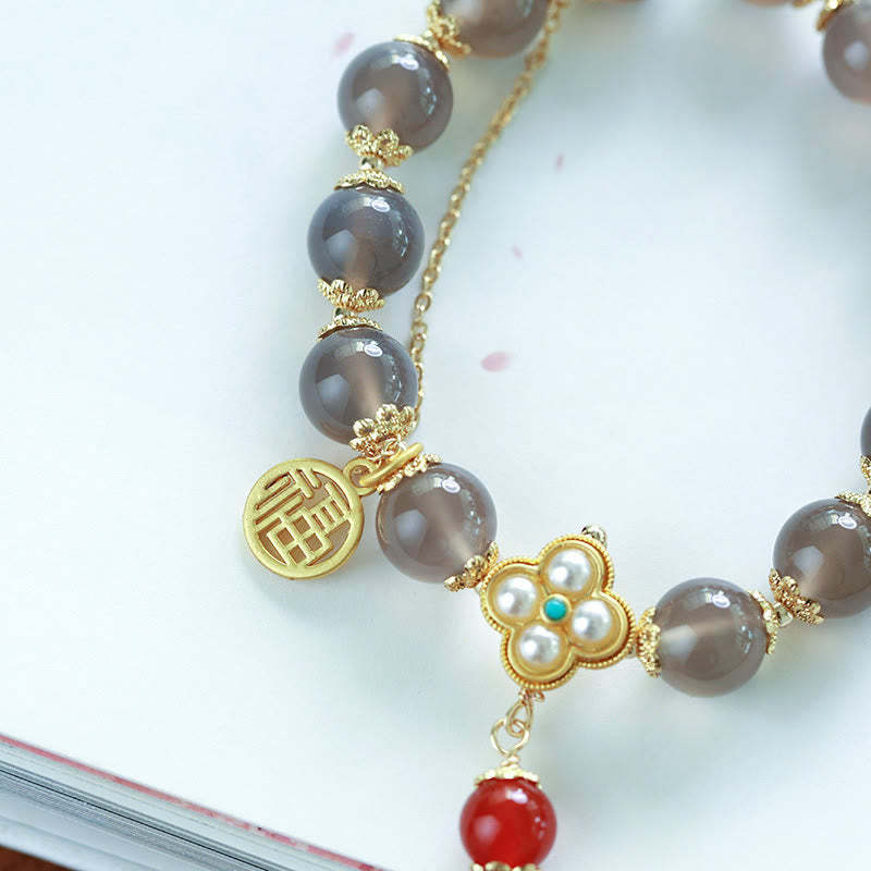Natural Gray Agate Fu Character Pearl Tassel Balance Bracelet