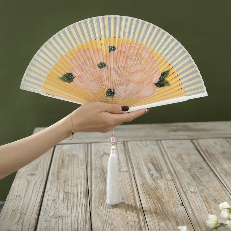 Peony Flowers Silk Handheld Bamboo Folding Fan