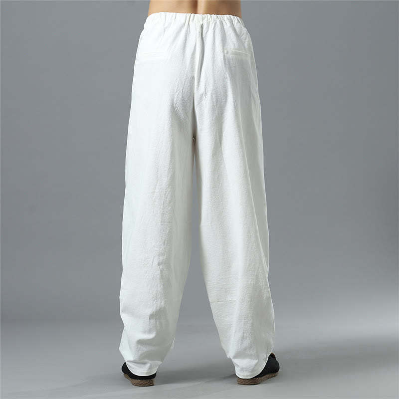 Casual Solid Color Drawstring Cotton Linen Men's Pants With Pockets