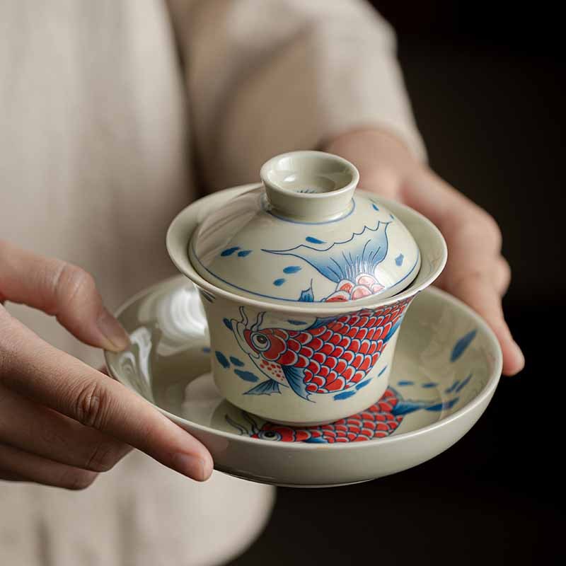 Koi Fish Arowana Ceramic Gaiwan Sancai Teacup Kung Fu Tea Cup With Lid 130ml