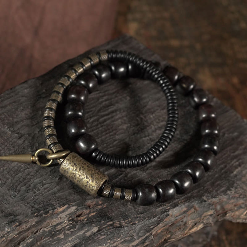 Ebony Wood Copper Brass Vintage Bead Cone Double Wrap Balance Bracelet