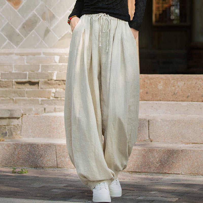 Casual Plain Loose Waist Tie Rope Women's Ramie Cotton Pants With Pockets