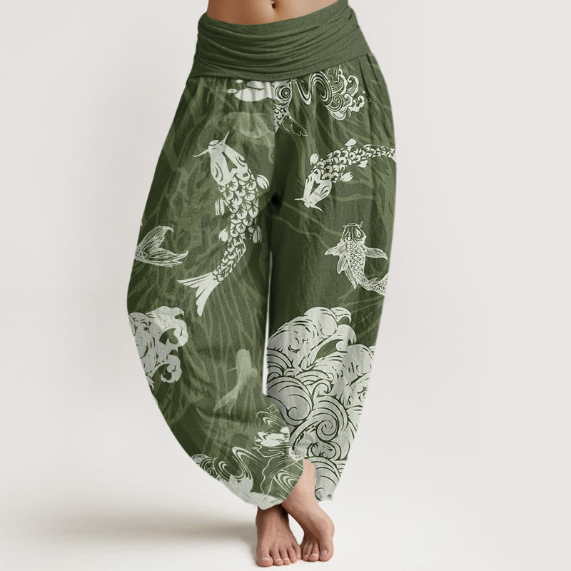 Koi FIsh Lotus Waves Women's Elastic Waist Harem Pants