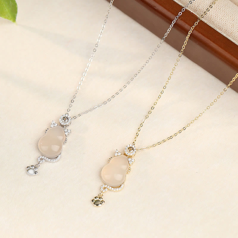 925 Sterling Silver 14k Gold White Jade Gourd Cat Protection Necklace Pendant