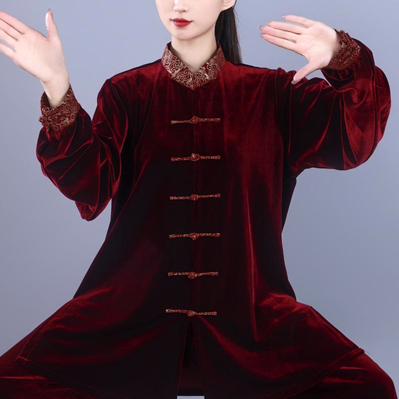 2Pcs Fall Winter Tai Chi Qigong Auspicious Clouds Stand Collar Frog-Button Unisex Velour Meditation Clothing Set