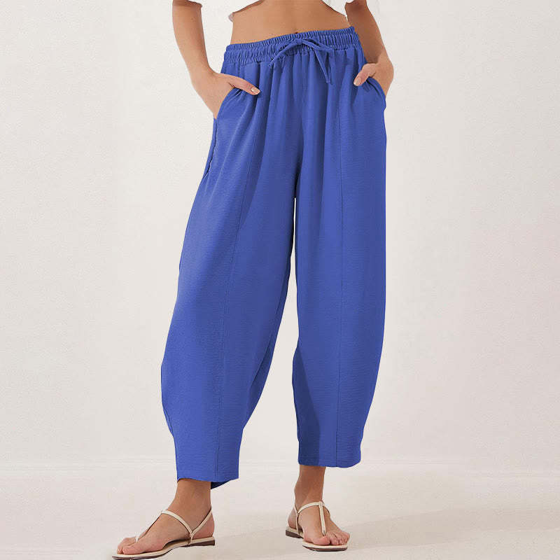 Casual Plain Loose Drawstring Women's Polyester 7/8 Length Pants  With Pockets