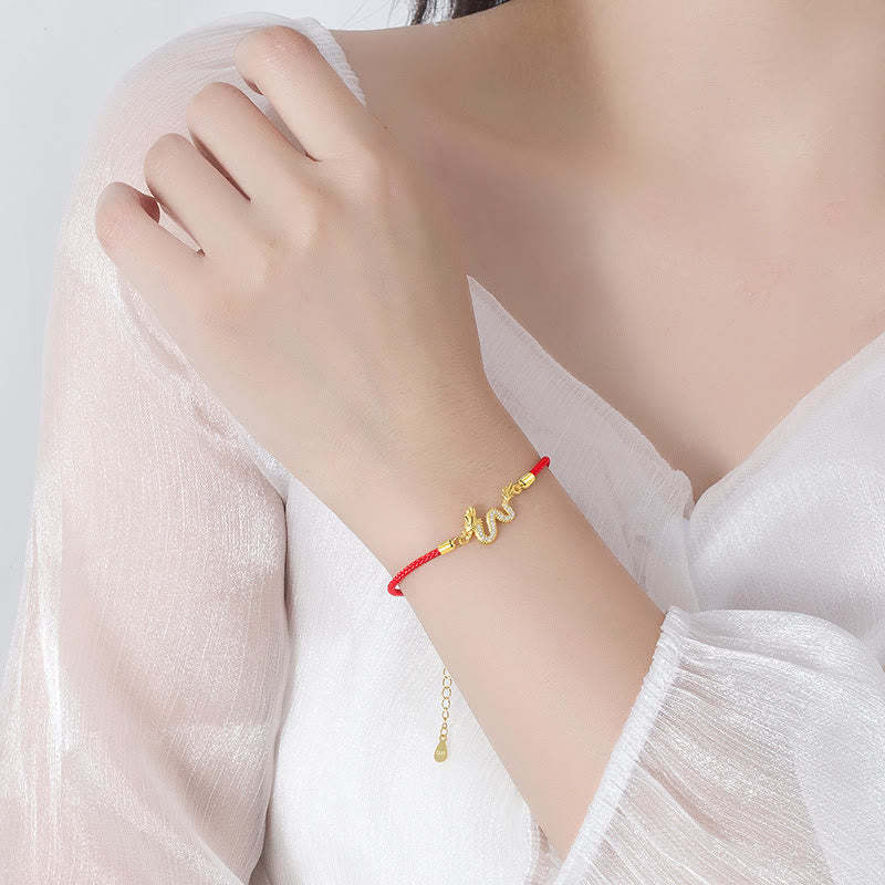 925 Sterling Silver Year Of The Dragon Auspicious Golden Dragon Luck Red Rope Chain Bracelet (Extra 30% Off | USE CODE: FS30)