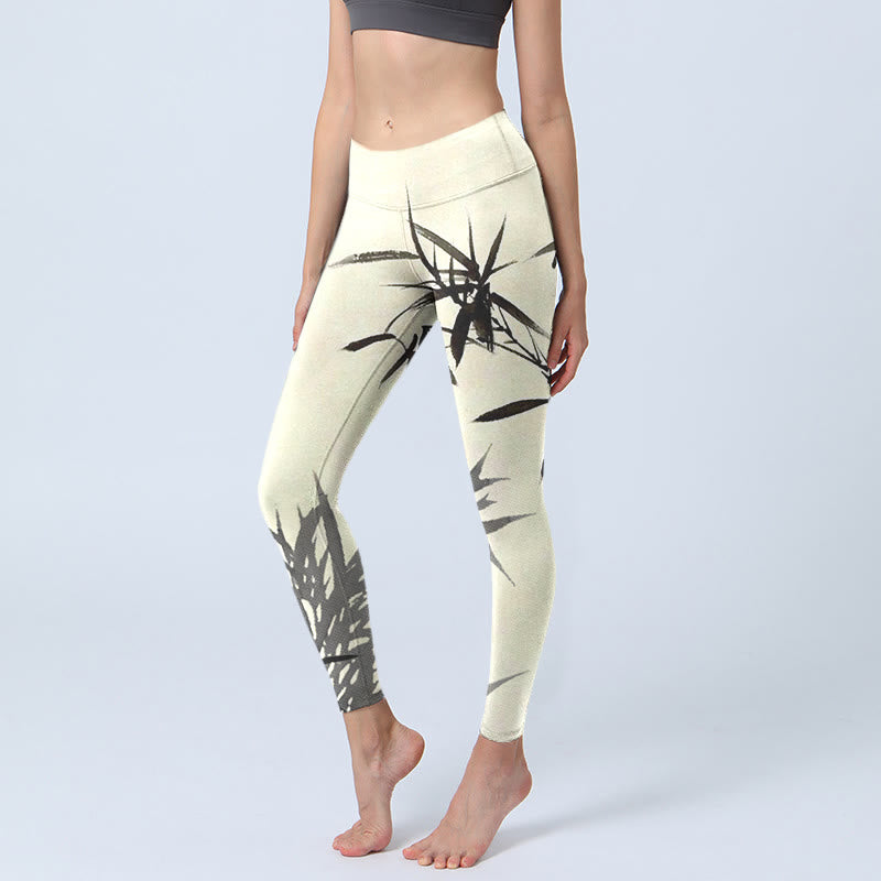 Ink Painting Bamboo Leaves Print Sports Leggings Women's Yoga Pants