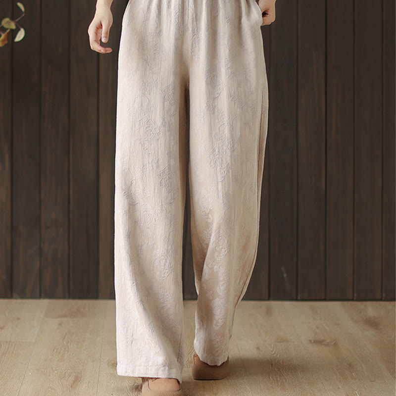 Casual Loose Jacquard Women's Cotton Linen Wide Leg Pants With Pockets