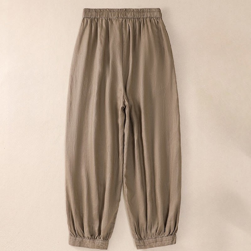 Pure Color Drawstring Frog-Button Cotton Linen Women's Harem Pants With Pockets