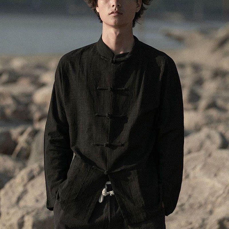 Stand Collar Tang Suit Casual Cotton Linen Shirt