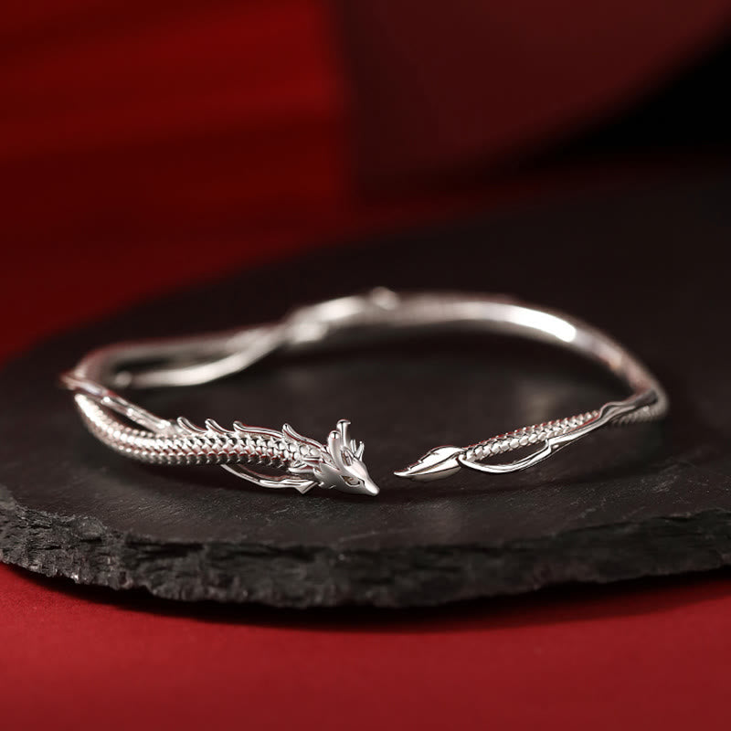 925 Sterling Silver Year of the Dragon Design Luck Metal Cuff Bracelet Bangle