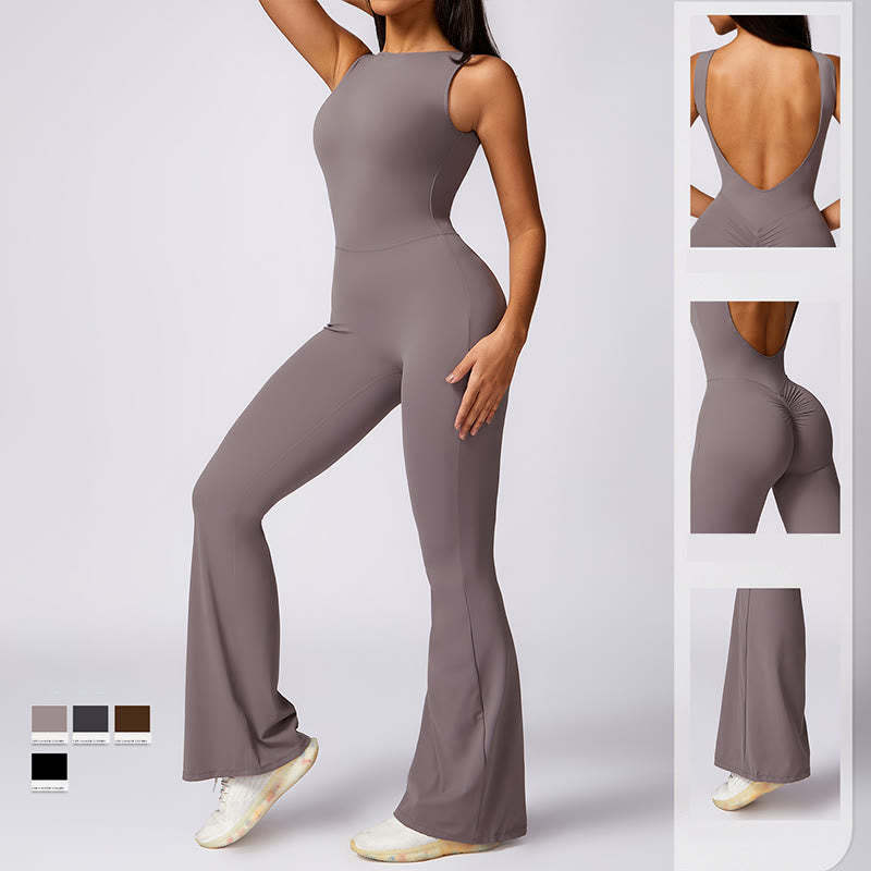 Women Casual Sleeveless Jumpsuit Flare Pants Sports Fitness Yoga Bodysuit