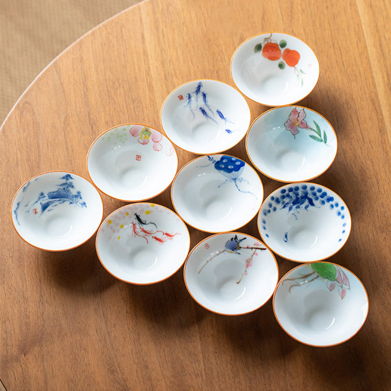Mandala Flower Koi Fish Lotus Bird Persimmons Teacup Kung Fu Tea Cup 50ml