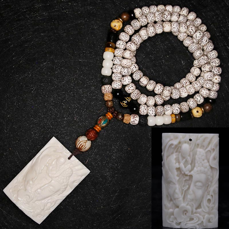 108 Mala Beads Bodhi Seed Yak Bone Avalokitesvara Lucky Pixiu Guan Gong mystic zen Demon Peace Tassel Bracelet