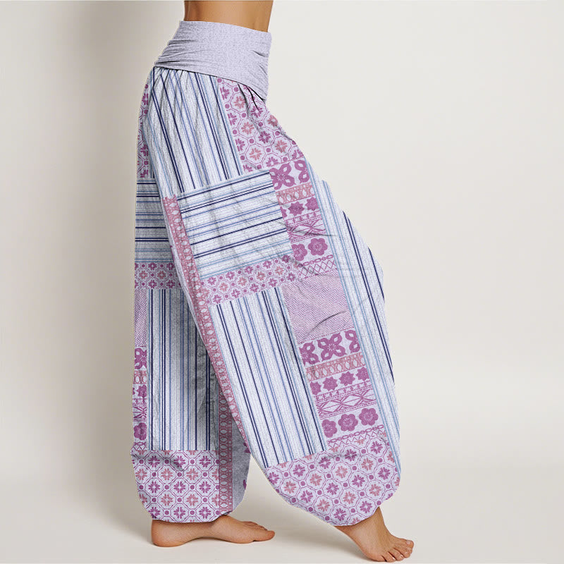 Stripe Square Floral Pattern Om Mani Padme Hum Women's Elastic Waist Harem Pants