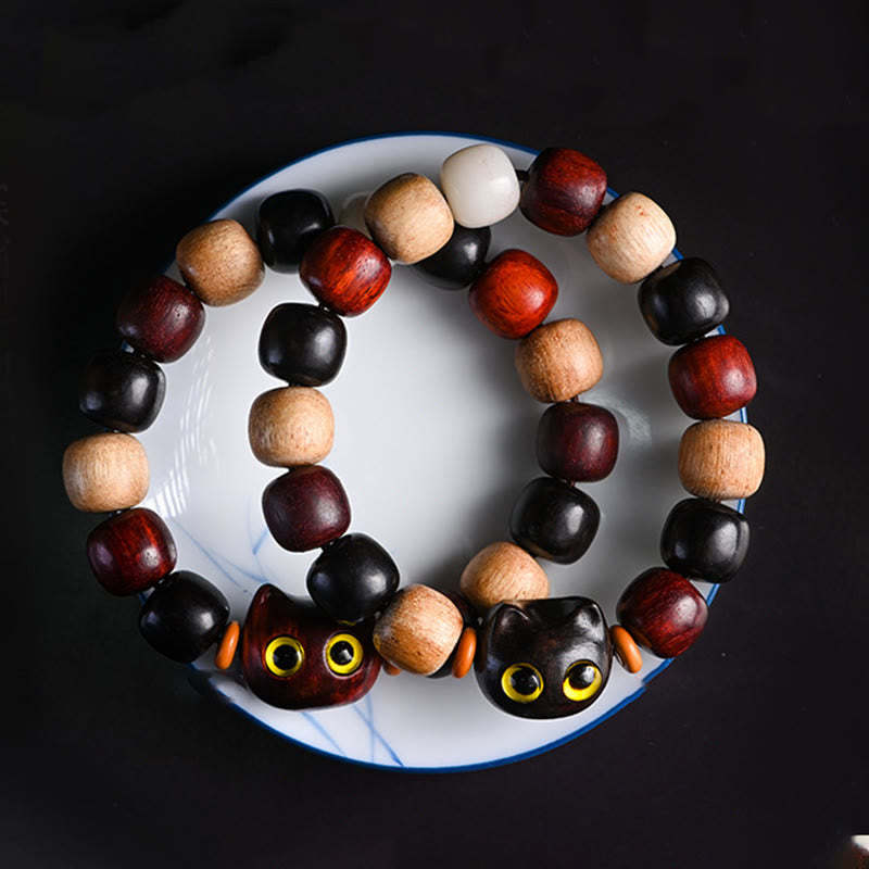 Small Leaf Red Sandalwood Ebony Wood Cute Cat Engraved Protection Bracelet