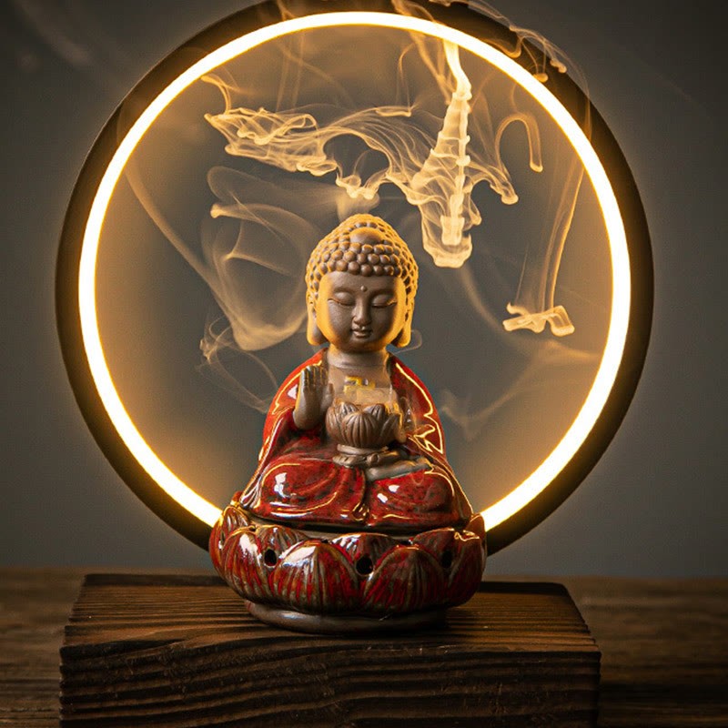 mystic zen Lotus Backflow Smoke Fountain Ceramic Blessing Incense Burner With Light Decoration