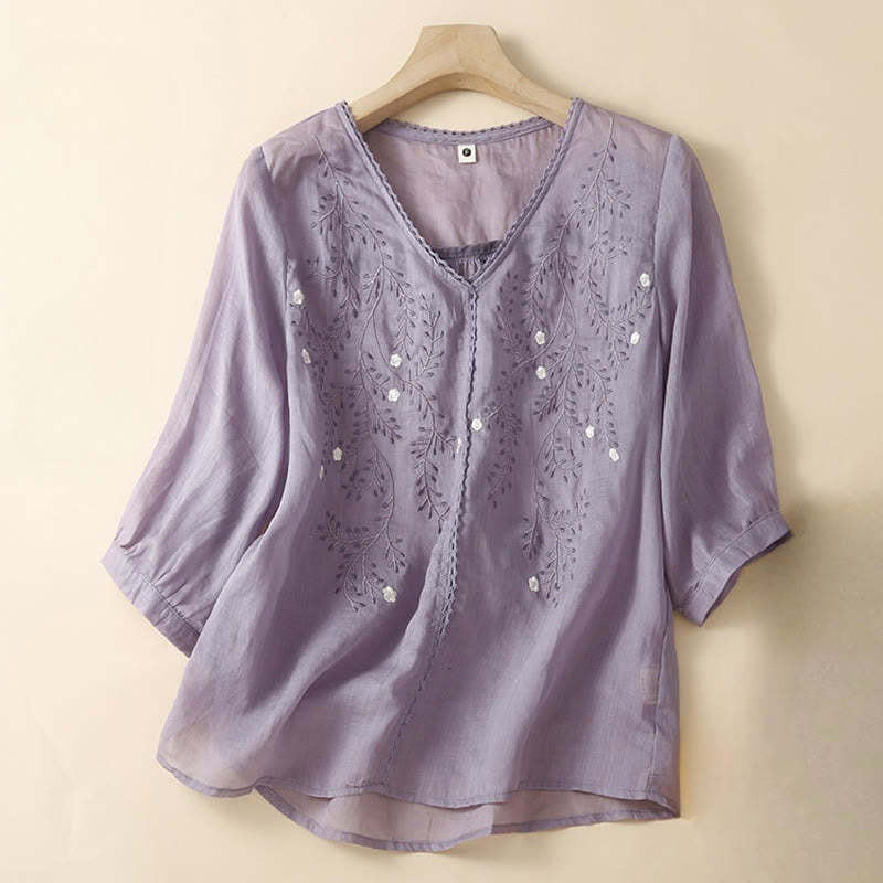 Summer Casual Flower Branches Embroidered Pattern V-Neck Half Sleeve Cotton Linen Women's T-shirt