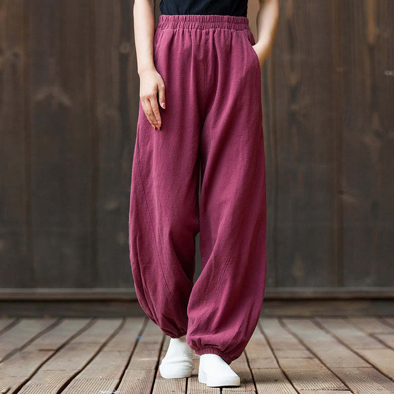 Casual Solid Plain Color Carrot Elastic Waistband Cotton Ramie Women's Pants With Pockets