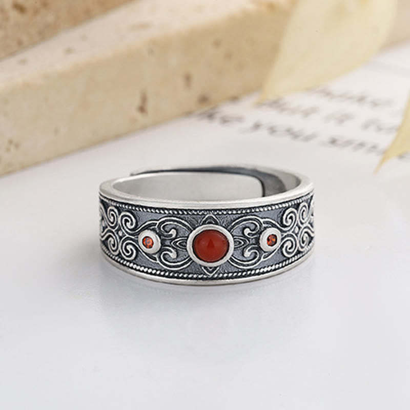925 Sterling Silver Embedded Red Agate Auspicious Clouds Logical Thinking Ring