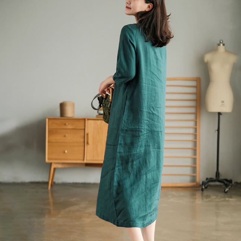 Casual Plain Accordion Pleats V-neck Half Sleeve Design Linen Midi Dress With Pockets