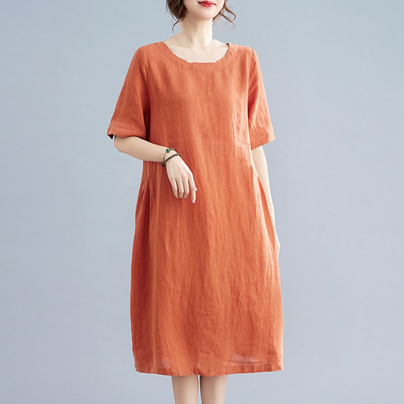 Casual Loose Solid Color Cotton Linen Crew Neck Half Sleeve Design Midi Dress With Pockets