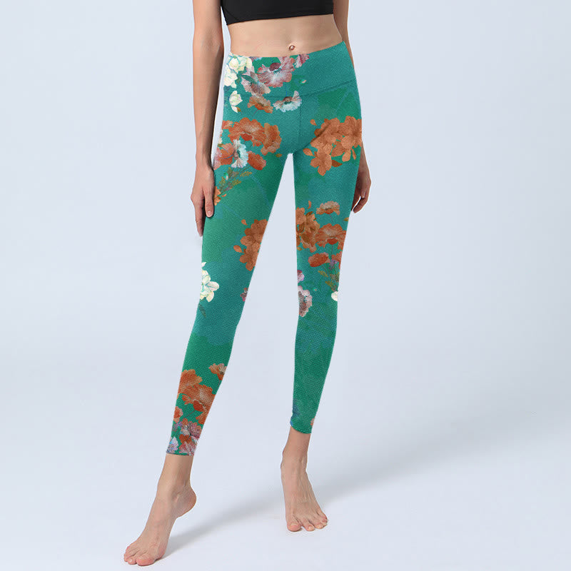 Green Orange Beige Floral Print Gym Leggings Women's Yoga Pants