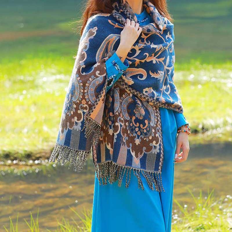Tibetan Flowers Leaves Branch Design Tassel Shawl Cozy Travel Scarf Wrap